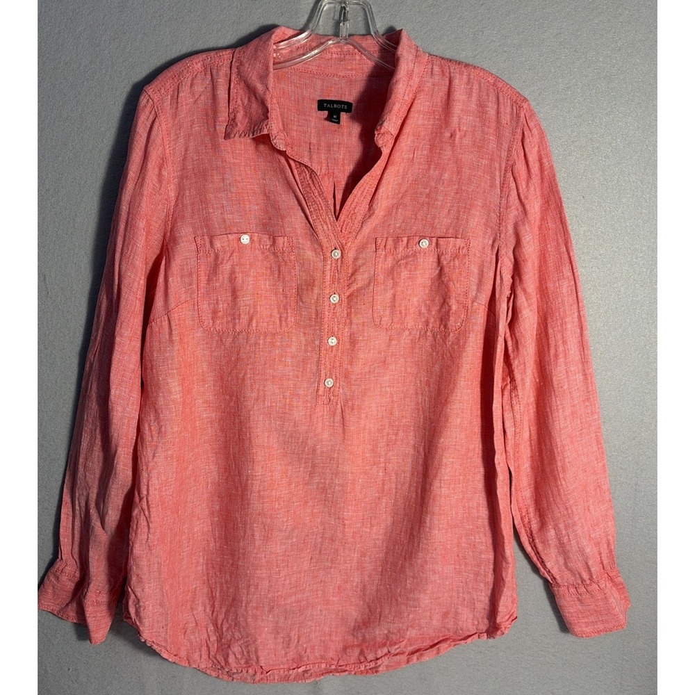 Talbots Coral Linen 1/4 Button Up Longsleeve Tunic Preppy Coastal Vacation M